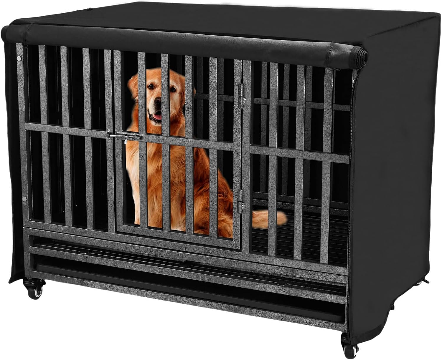 Flashine heavy duty dog crate cover 48 inch front view on wire cage