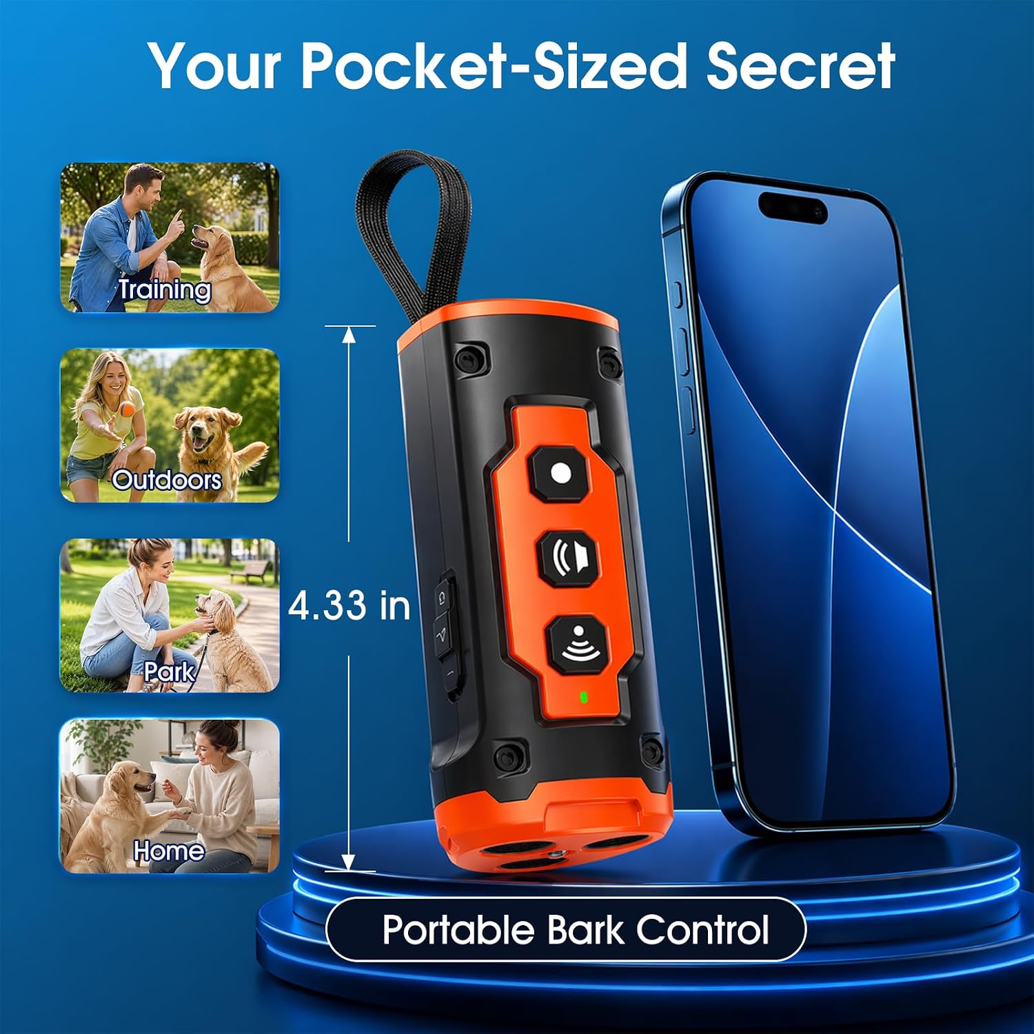 Portable dog training device being held in hand for scale