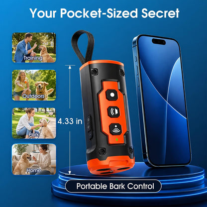 Portable dog training device being held in hand for scale