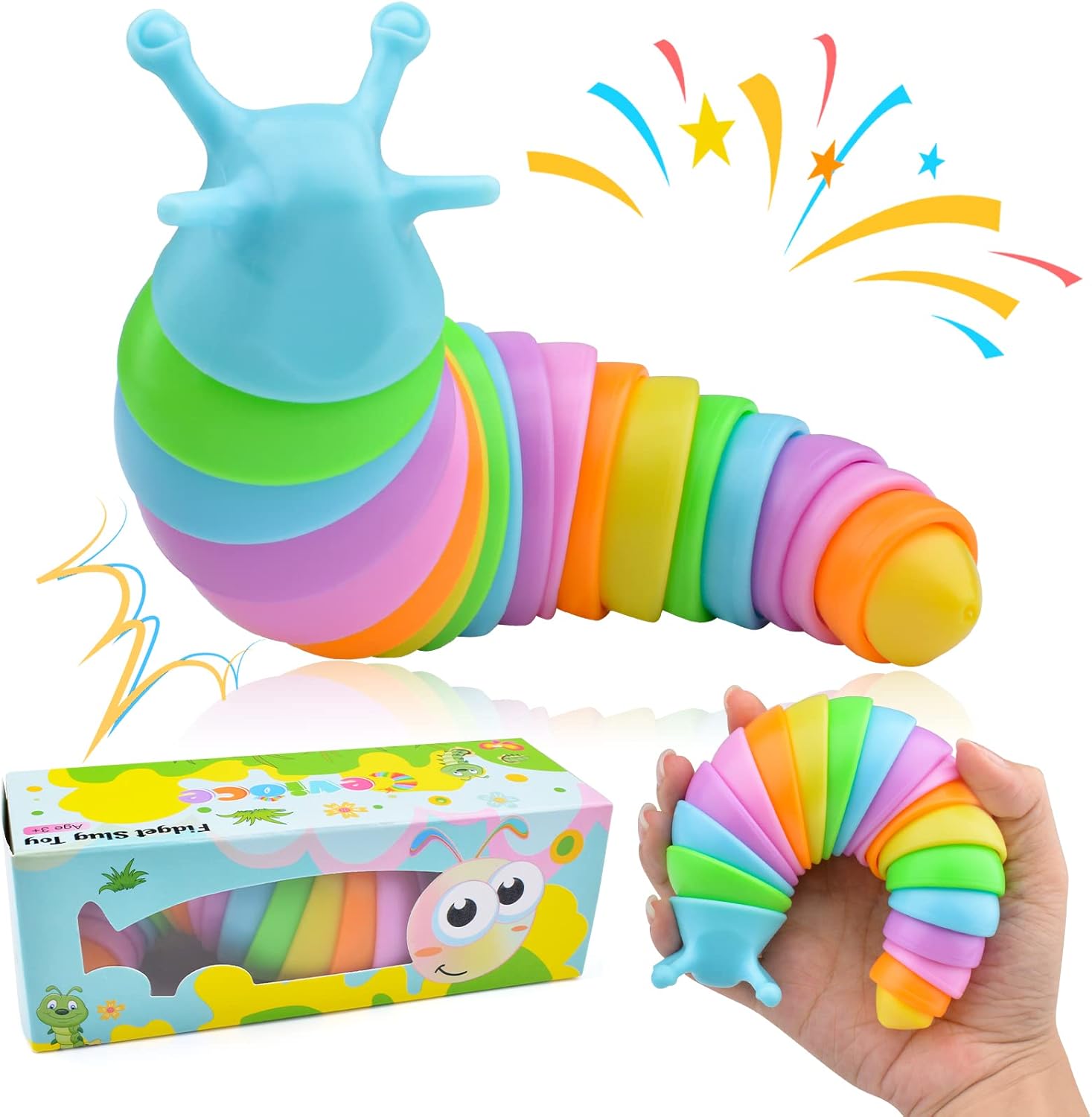 Cevioce sensory slug fidget toy rainbow color front view on a white background showing articulated joints.