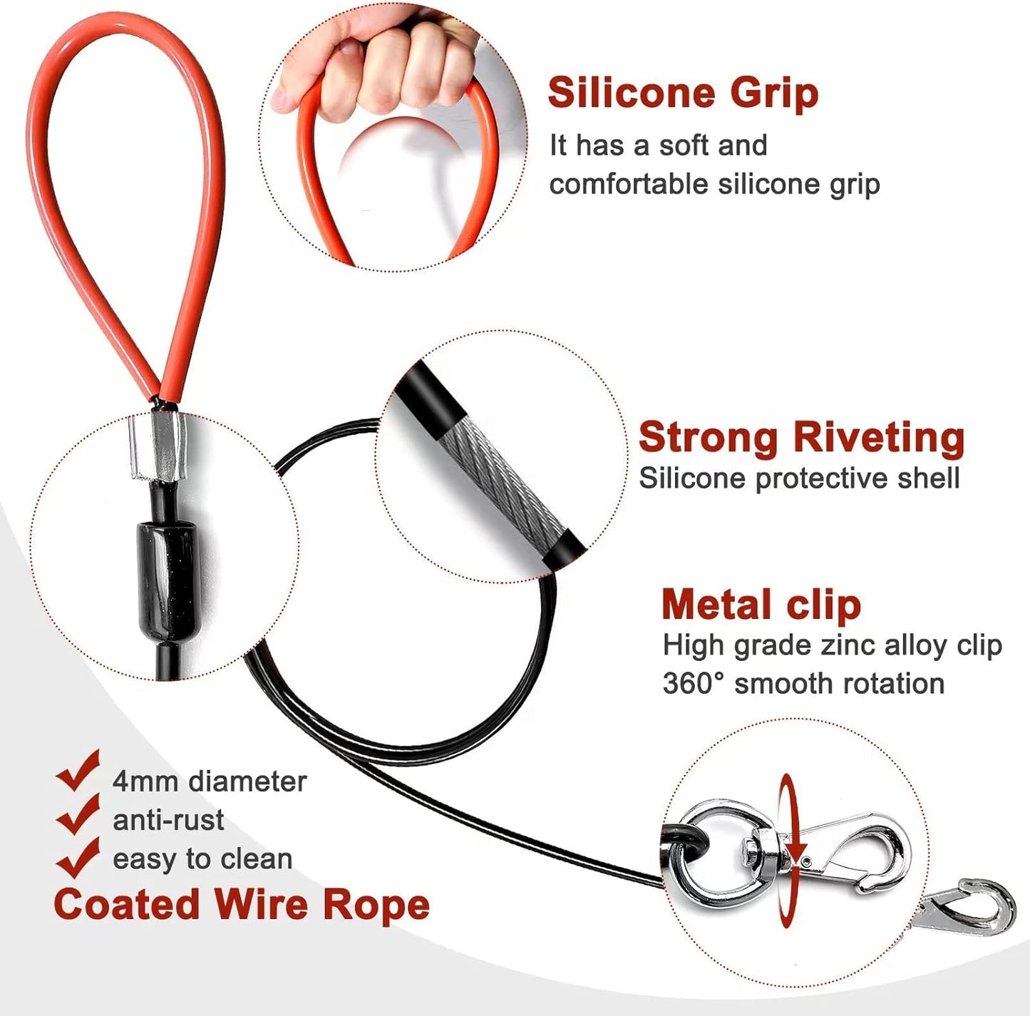 Close up view of the chew proof coated metal wire cable on the Mi Metty dog leash.