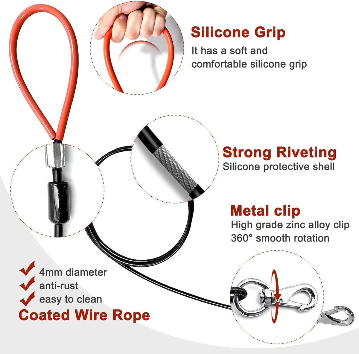 Close up view of the chew proof coated metal wire cable on the Mi Metty dog leash.