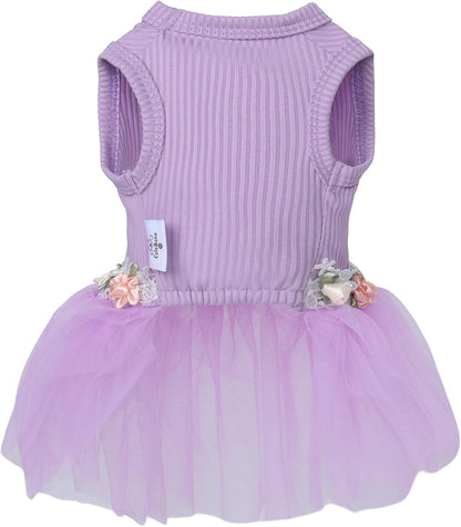 Back view of the CuteBone purple tulle skirt dress illustrating the full coverage from neck to tail base.