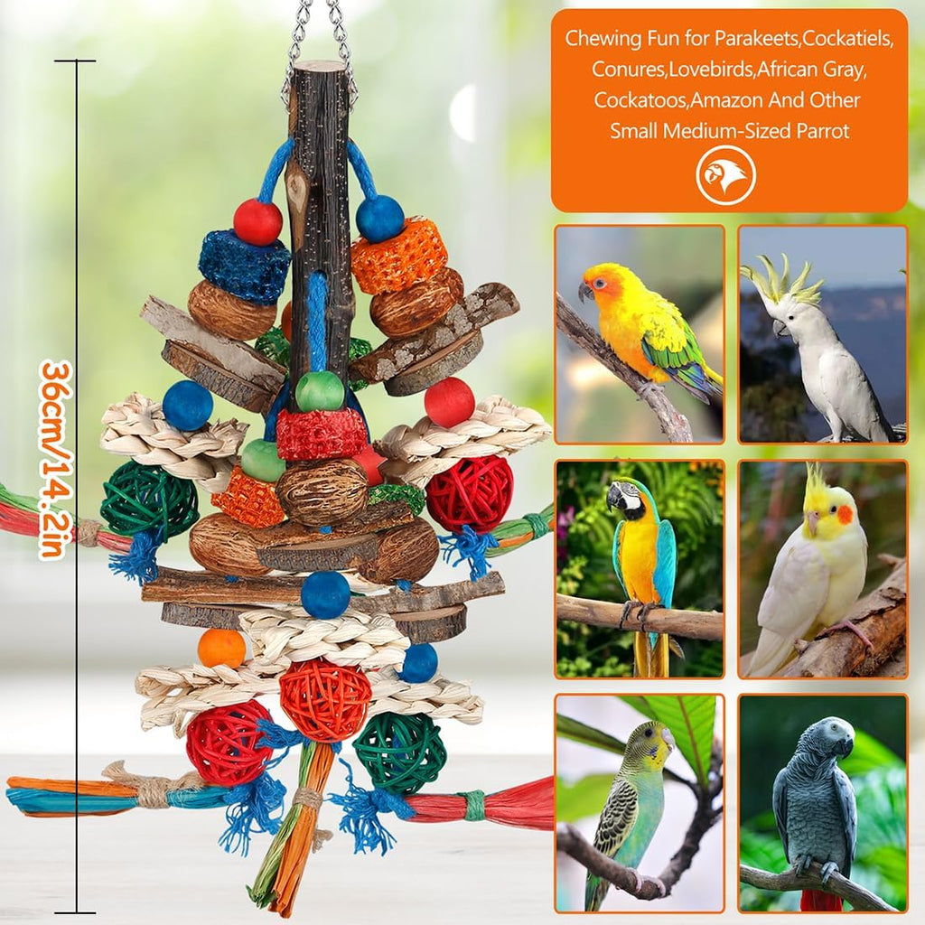 Full length view of hanging chew toy for medium parrots