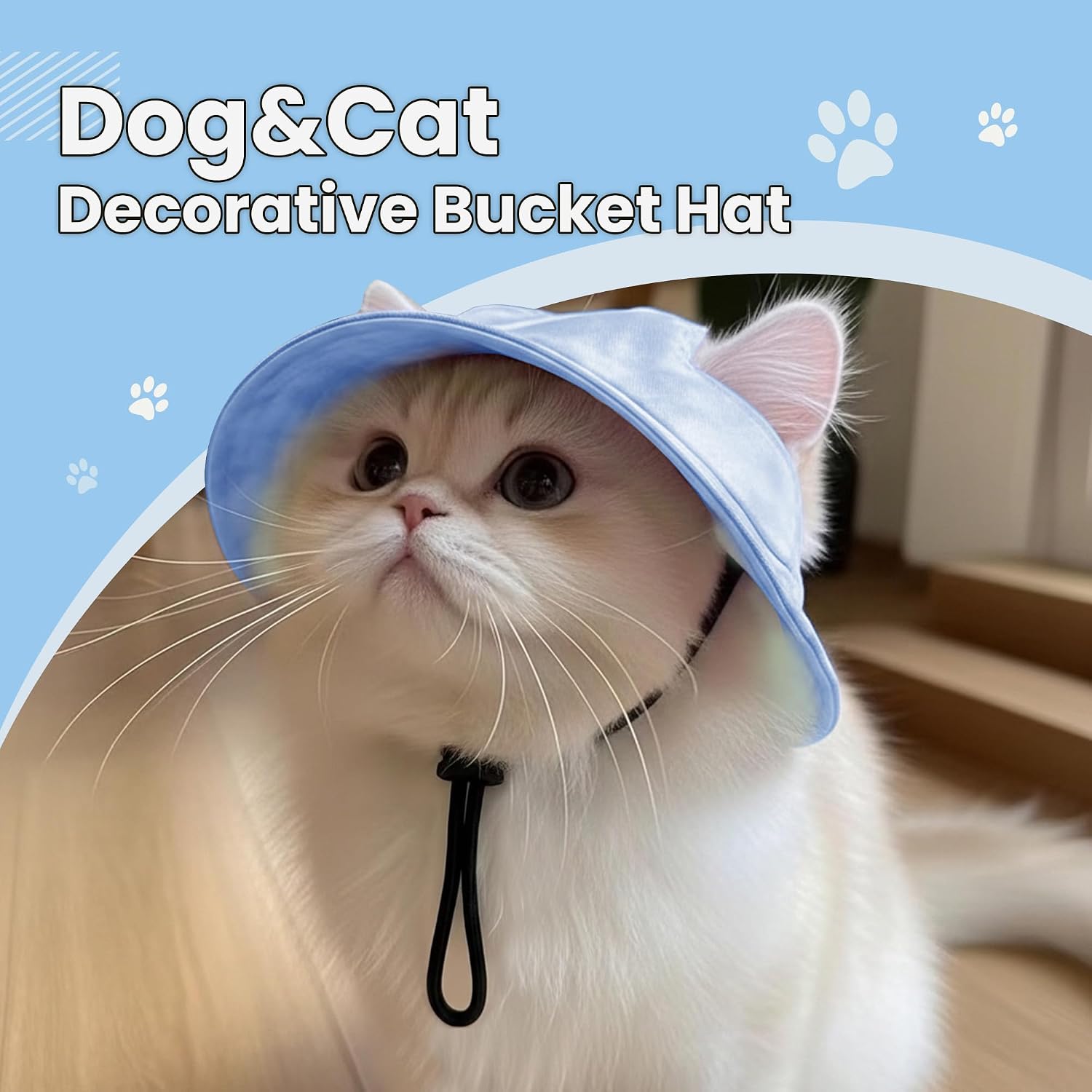 Pet wearing blue bucket hat with ear holes visible