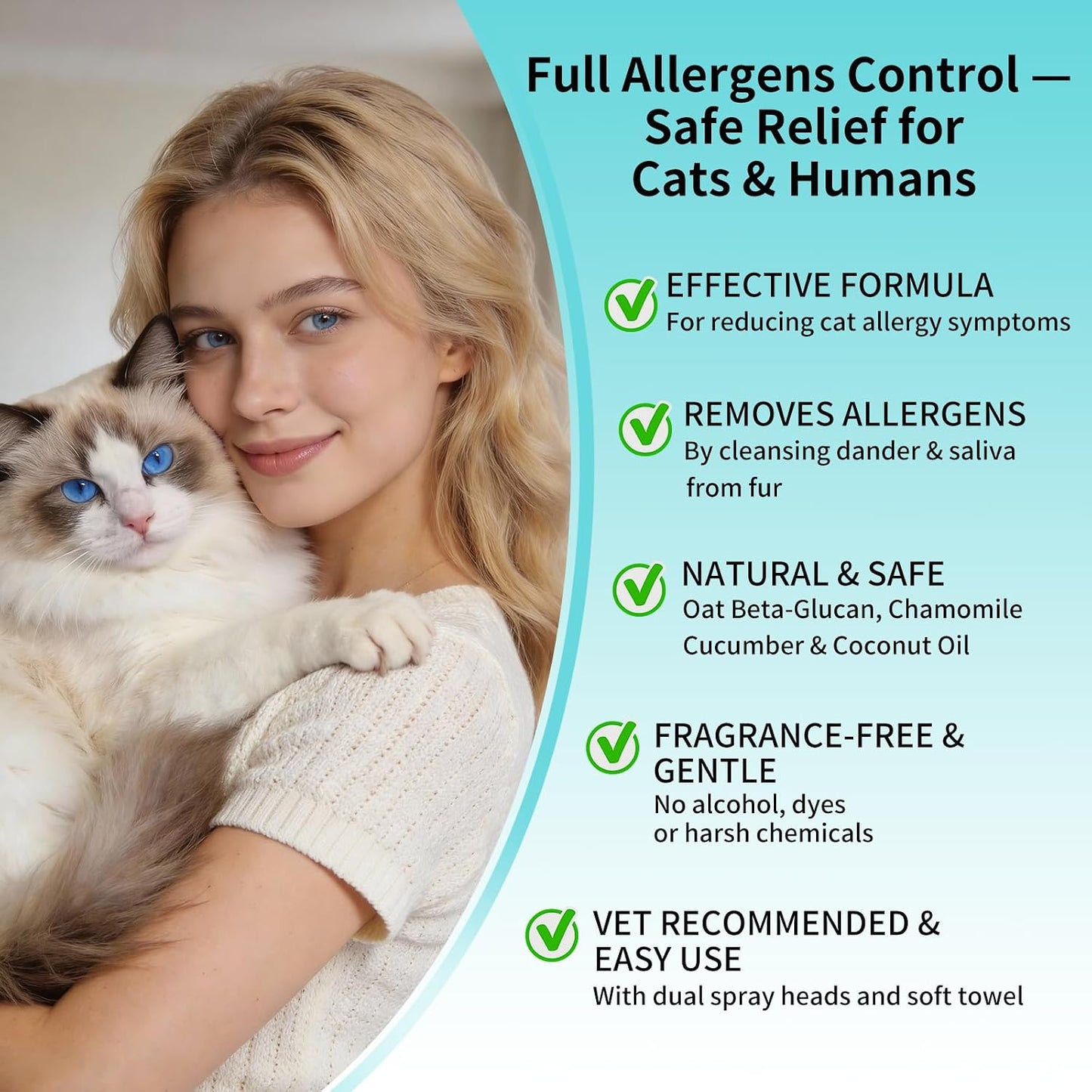 Waterless cat dander spray kit showing dual spray heads and cleaning cloth