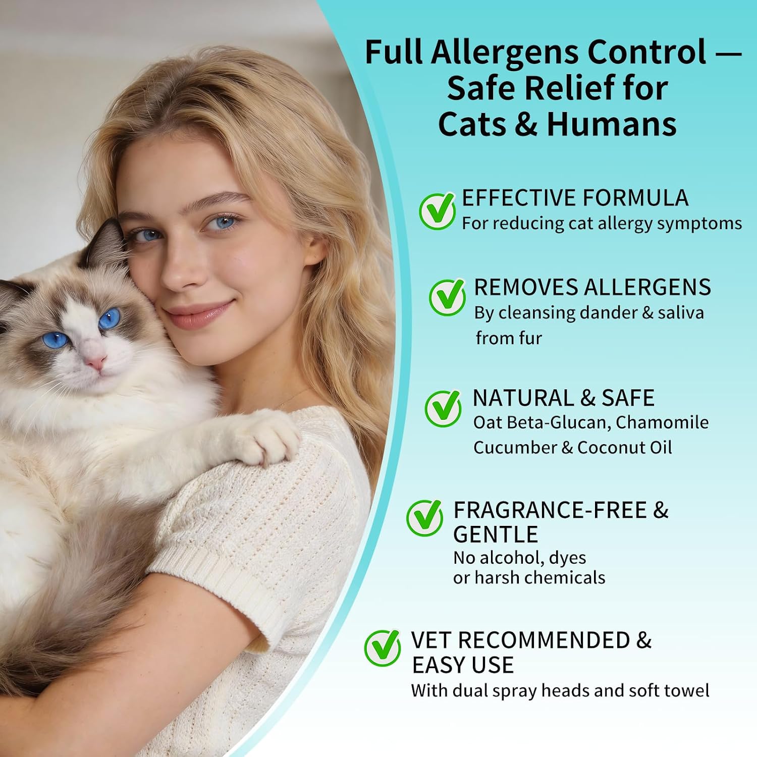 Waterless cat dander spray kit showing dual spray heads and cleaning cloth