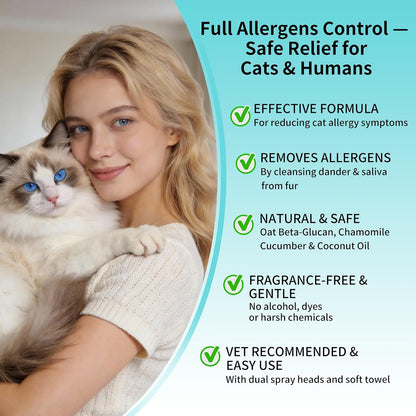 Waterless cat dander spray kit showing dual spray heads and cleaning cloth