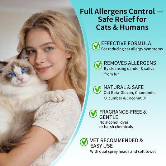 Waterless cat dander spray kit showing dual spray heads and cleaning cloth