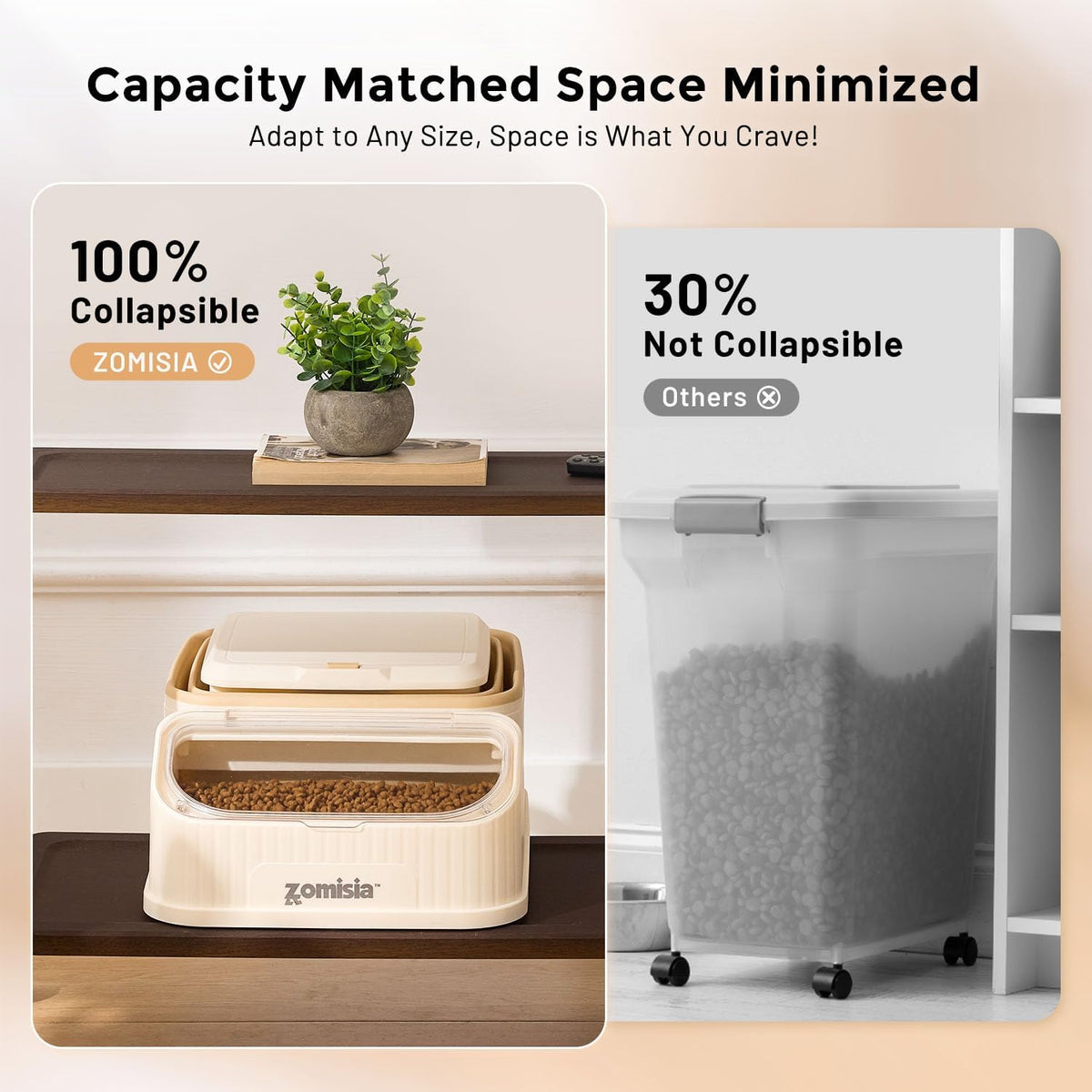 Zomisia storage container filled with dry pet kibble