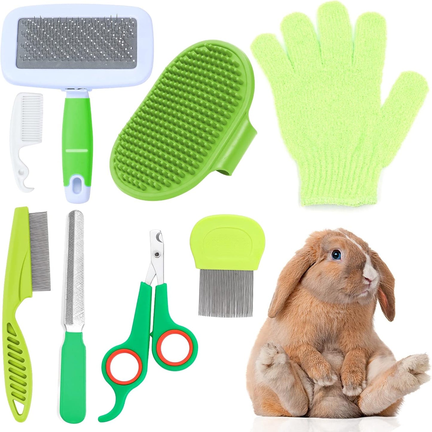 VCZONE 8 Pcs Small Animal Grooming Kit, Rabbit Grooming Kit with Pet Nail Clipper and File, Flea Comb, Pet Shampoo Bath Brush, Pet Shedding Slicker Brush, Bath Massage Glove, Cleaning Comb (Purple) - Image 9