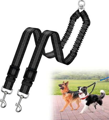 Caldzur double dog leash front view premium black no tangle coupler