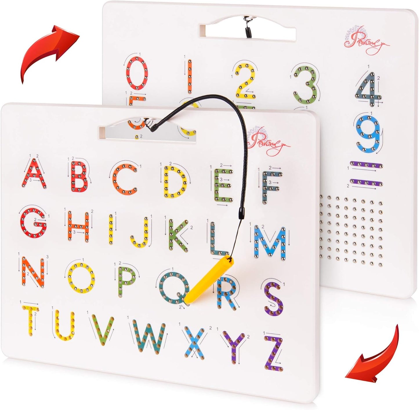 Povitrulya Magnetic Alphabet Tracing Board front view showing uppercase letters and stylus pen.