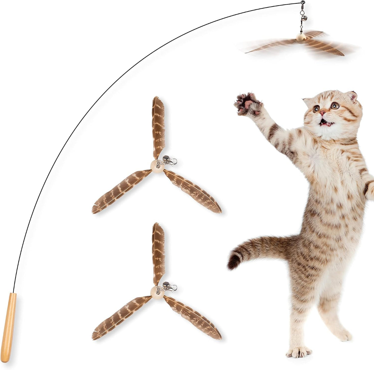 JXFUKAL Cat Wand Toy front view showcasing wooden handle and flexible wire