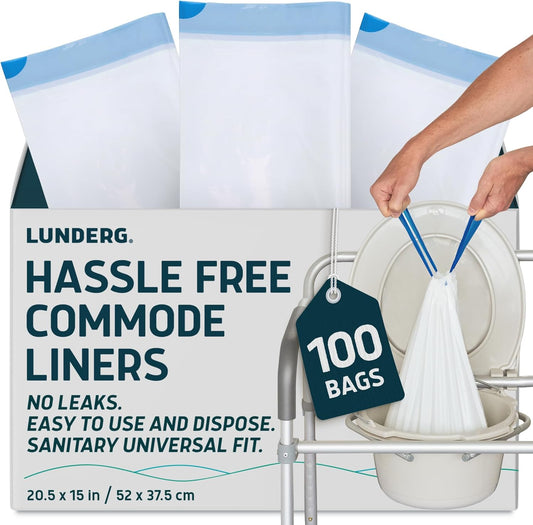 Lunderg Commode Liners 100 pack front view medical grade disposal bags