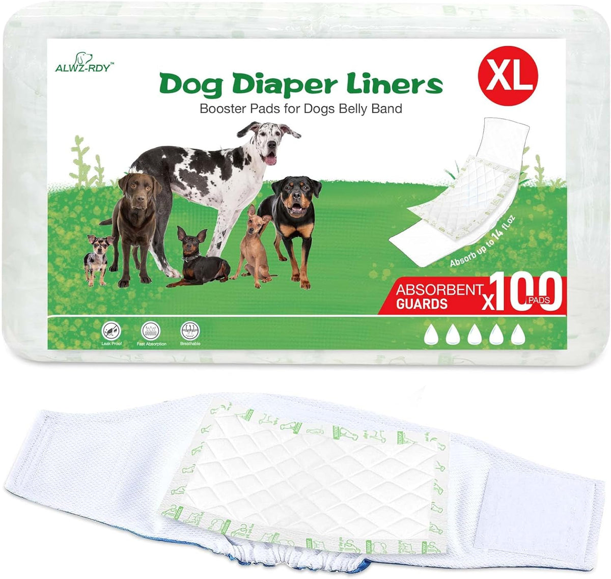 Pack of 150 disposable booster inserts showcasing universal fit for female dog period panties.