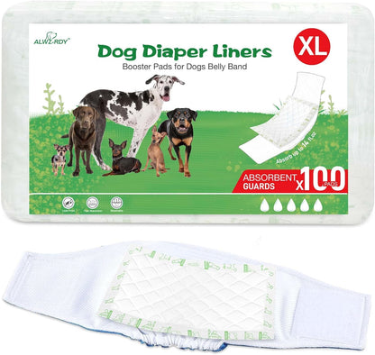 Pack of 150 disposable booster inserts showcasing universal fit for female dog period panties.