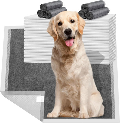 Full view of the thirty count charcoal puppy pads pack for indoor pet hygiene.