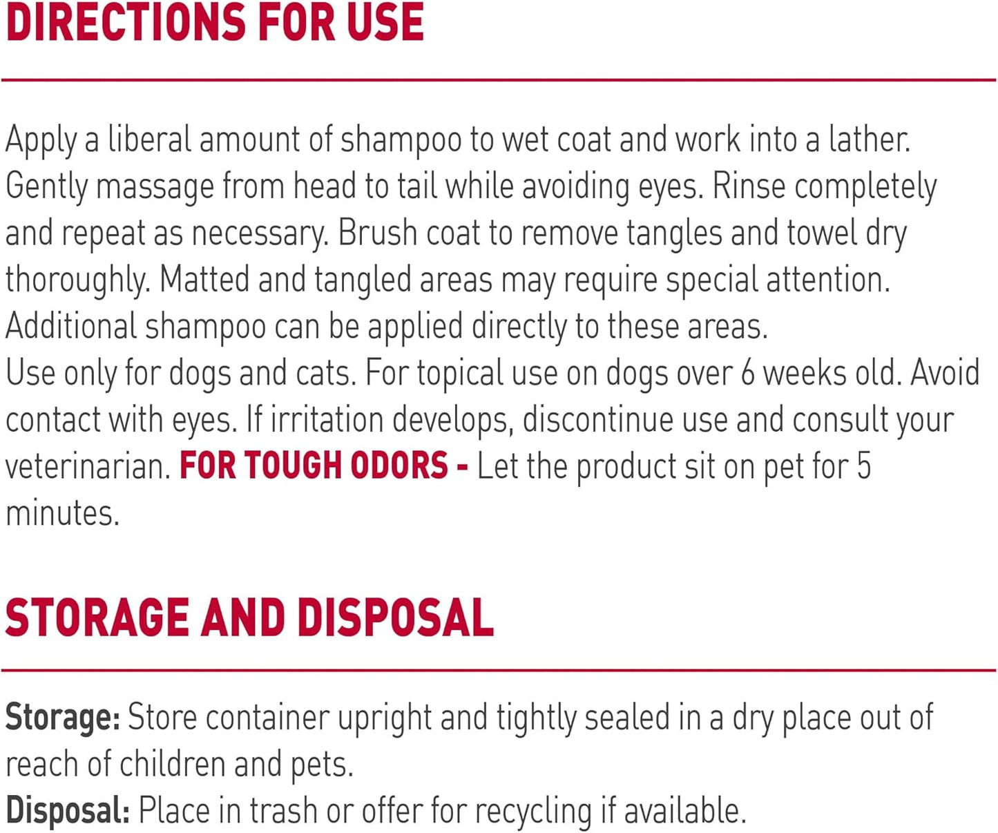 Back label of Nature's Miracle skunk odor remover showing ingredients and usage directions.