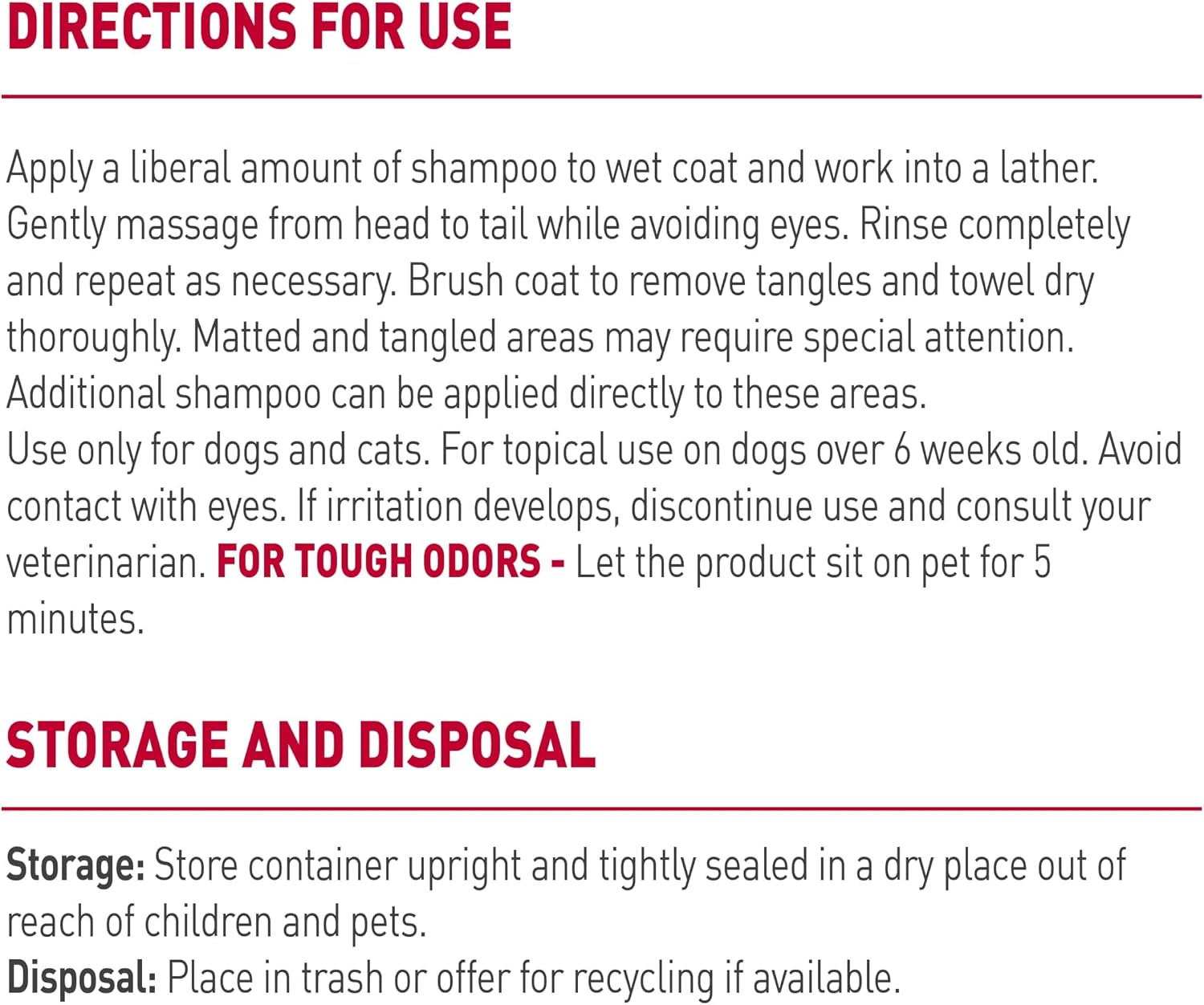 Back label of Nature's Miracle skunk odor remover showing ingredients and usage directions.