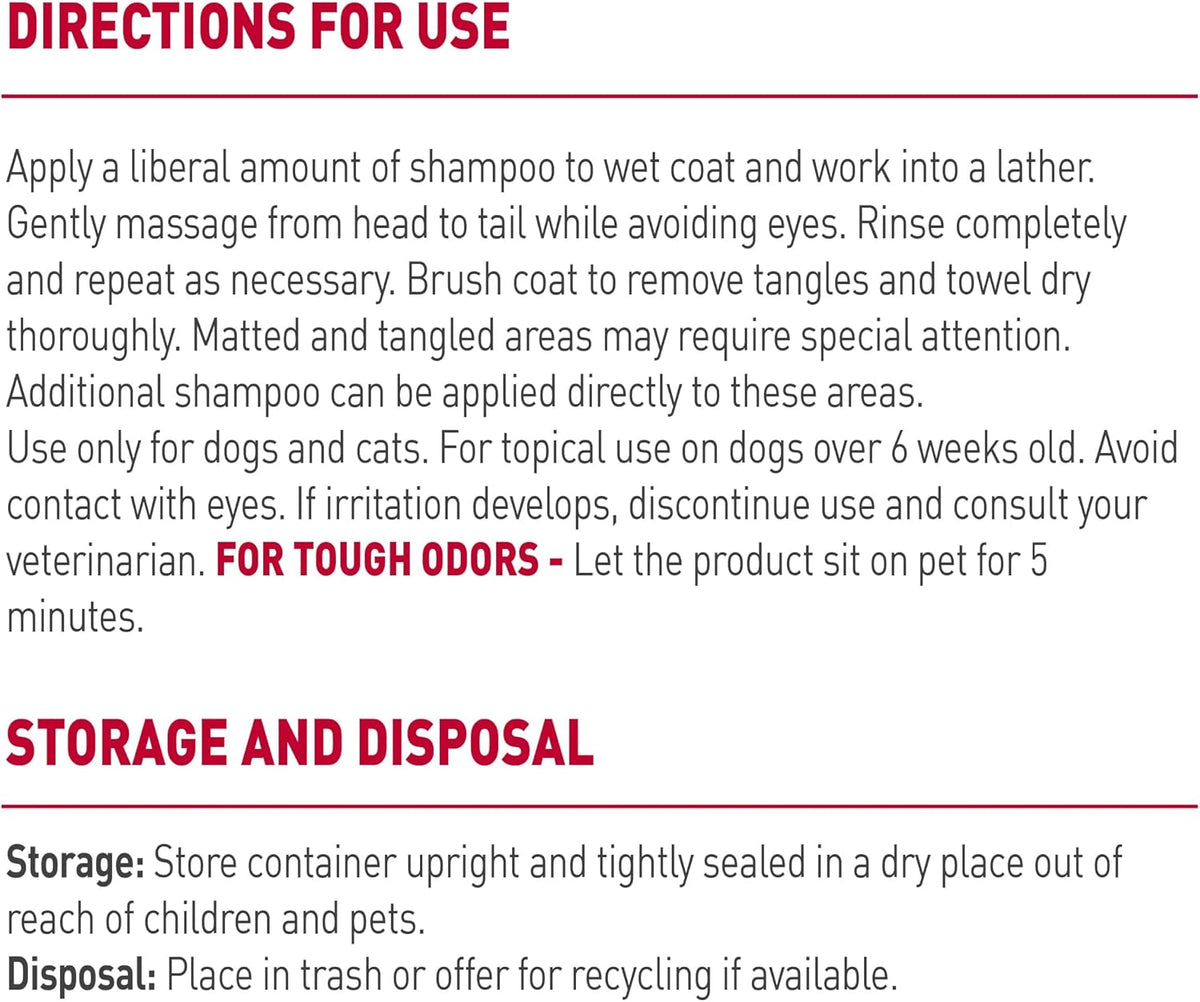 Back label of Nature's Miracle skunk odor remover showing ingredients and usage directions.