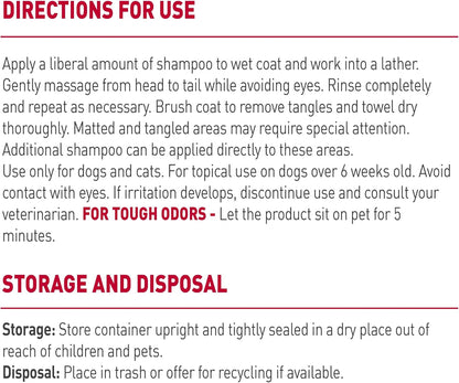 Back label of Nature's Miracle skunk odor remover showing ingredients and usage directions.