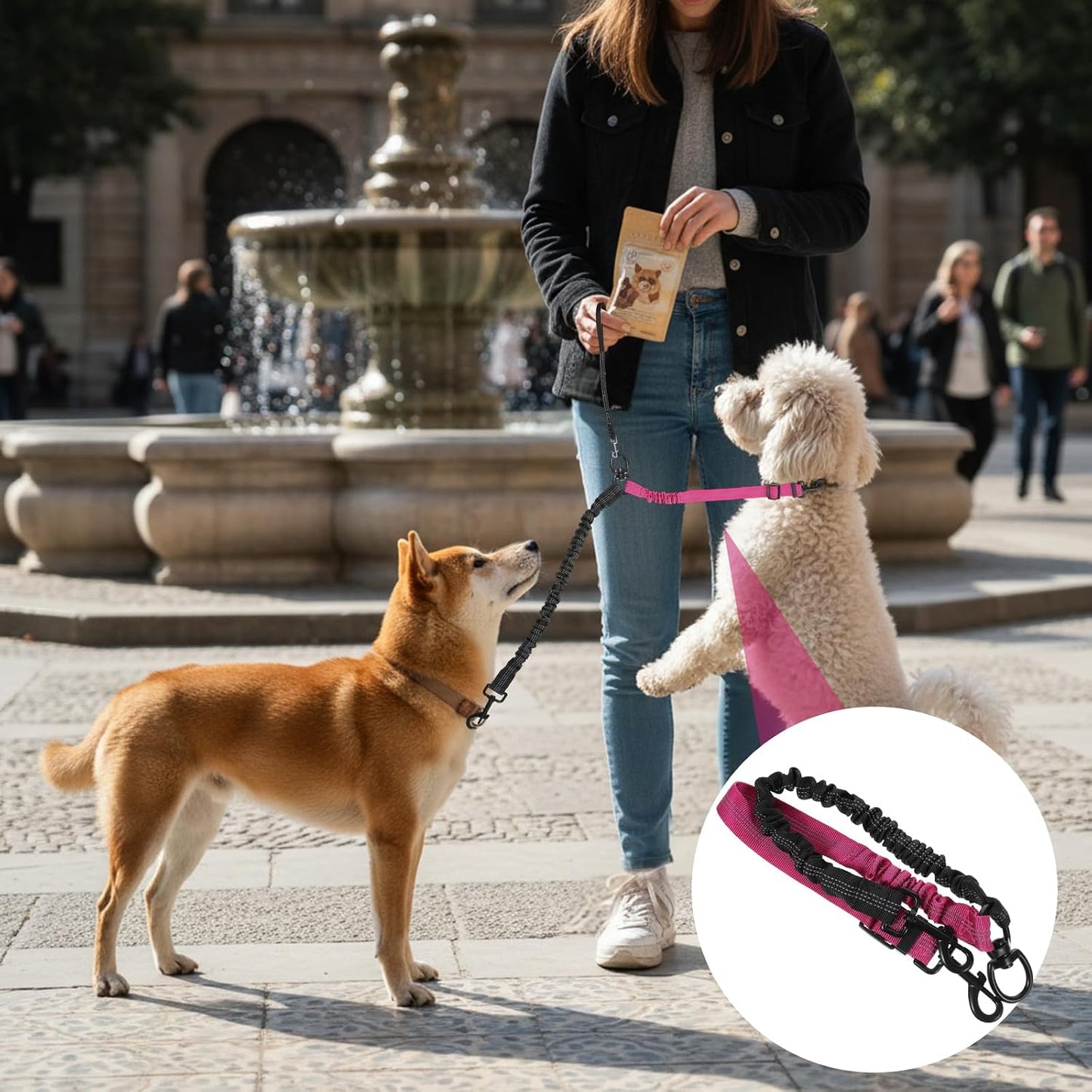 Rose red variant of the Molain double dog leash splitter with heavy duty metal hardware.
