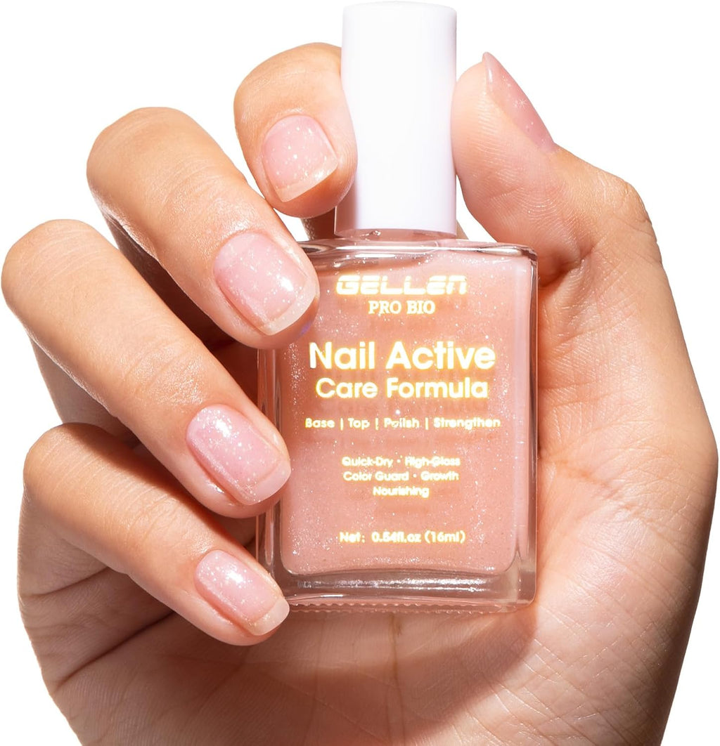 Gellen Active Glow nail polish bottle front view with pink shimmer finish