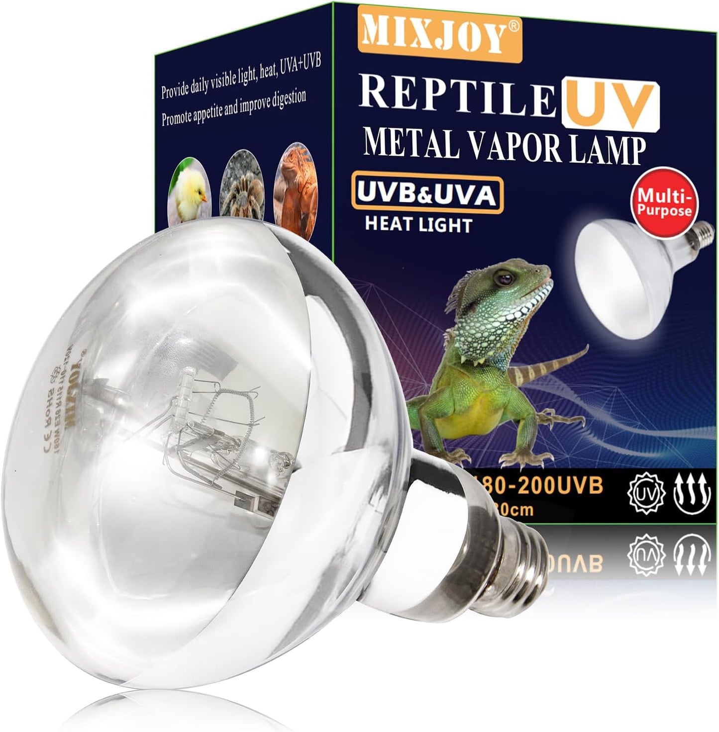 MIXJOY 160 Watt reptile heat lamp bulb front view showing full spectrum UVA UVB lighting