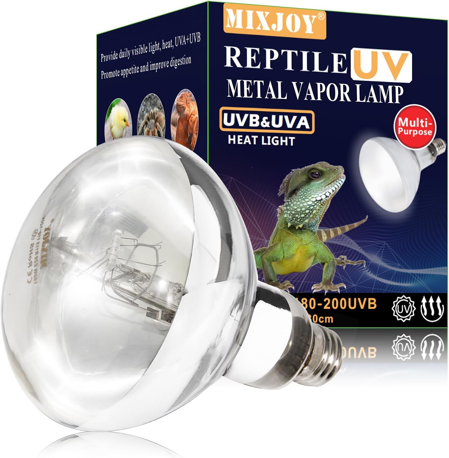 MIXJOY 160 Watt reptile heat lamp bulb front view showing full spectrum UVA UVB lighting