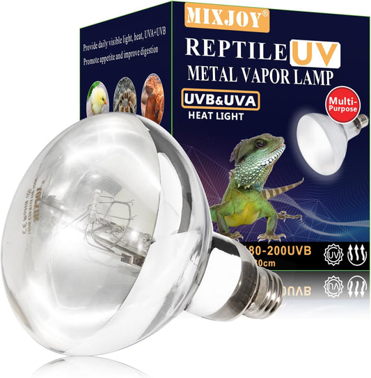 MIXJOY 160 Watt reptile heat lamp bulb front view showing full spectrum UVA UVB lighting