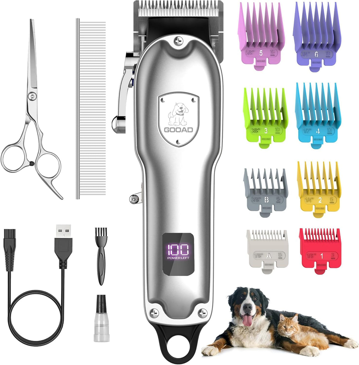 Gooad dog clippers for grooming front view showing metallic silver finish.