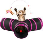 Love's Cabin Cat Tunnel for Indoor Cats, 3-Way Collapsible Play Tunnel with Teaser Wand, Peek Holes & Toy Ball, Small Pet Toy for Kittens & Rabbits, Black & Blue, Small Size - Image 10