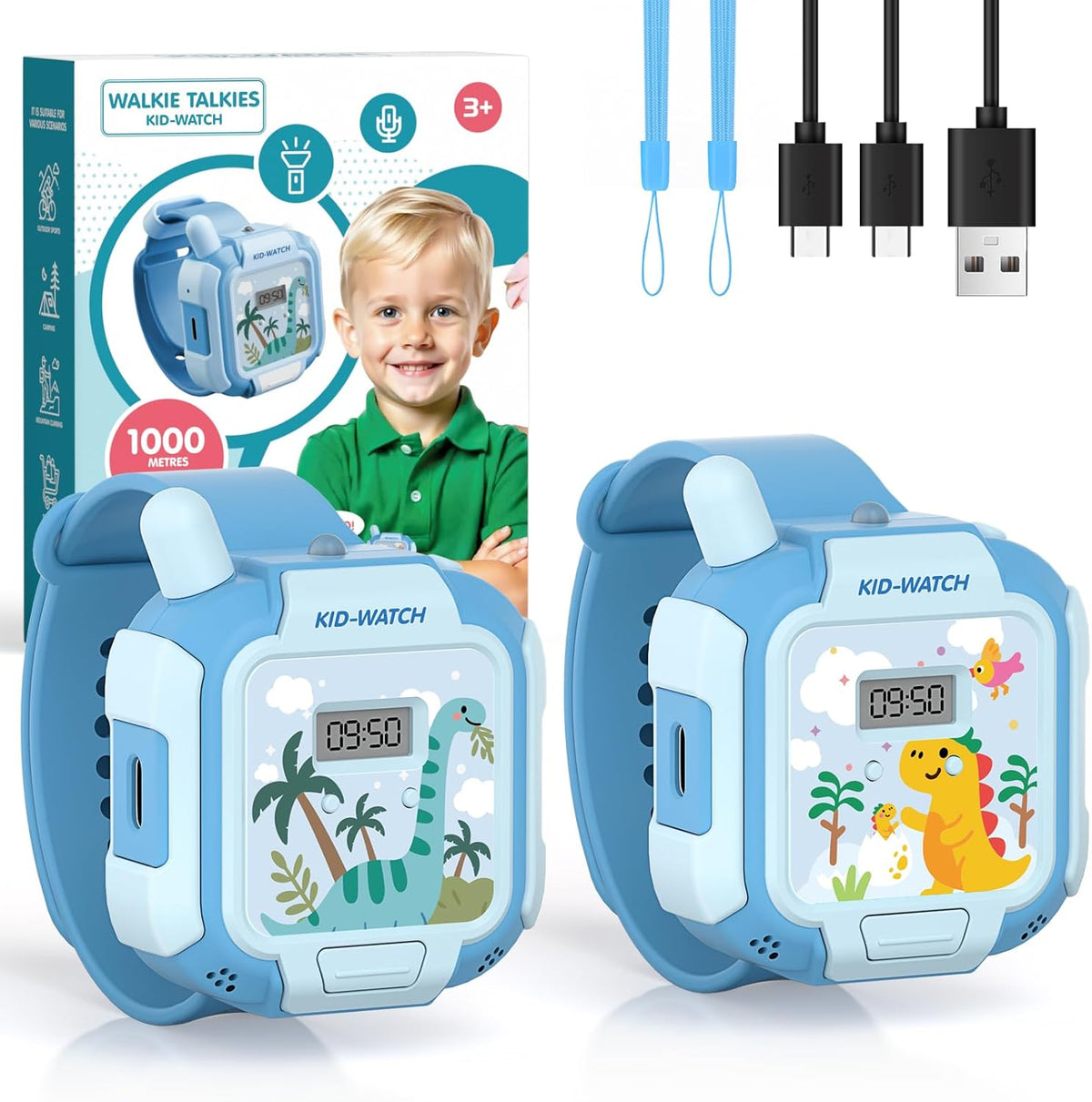 Turoytip rechargeable kids walkie talkie watch in blue showing the front digital display screen.