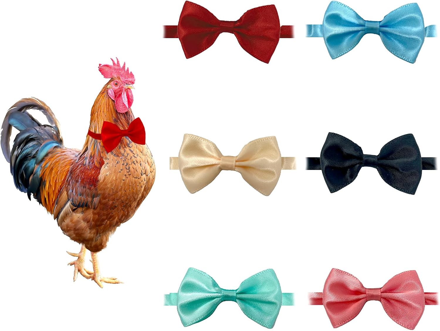 ComiMag chicken bow ties and hats set front view showing colorful pet accessories on a rooster.