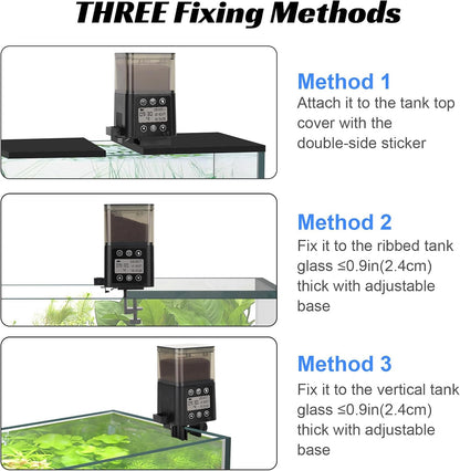 Side view of fishkeeper rechargeable vacation feeder attached securely to aquarium glass rim