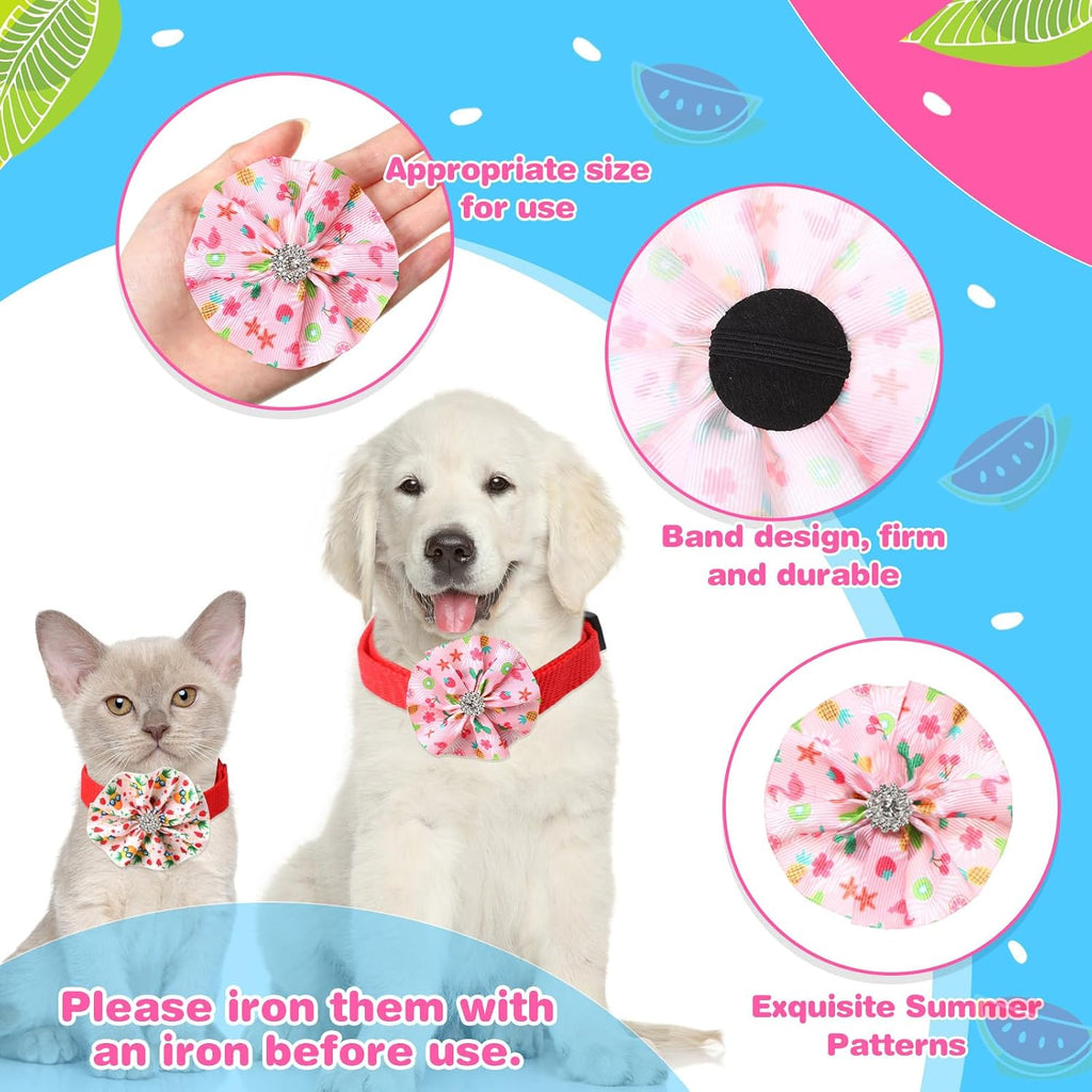 Medium sized dog showing a flamingo themed collar bow tie attachment
