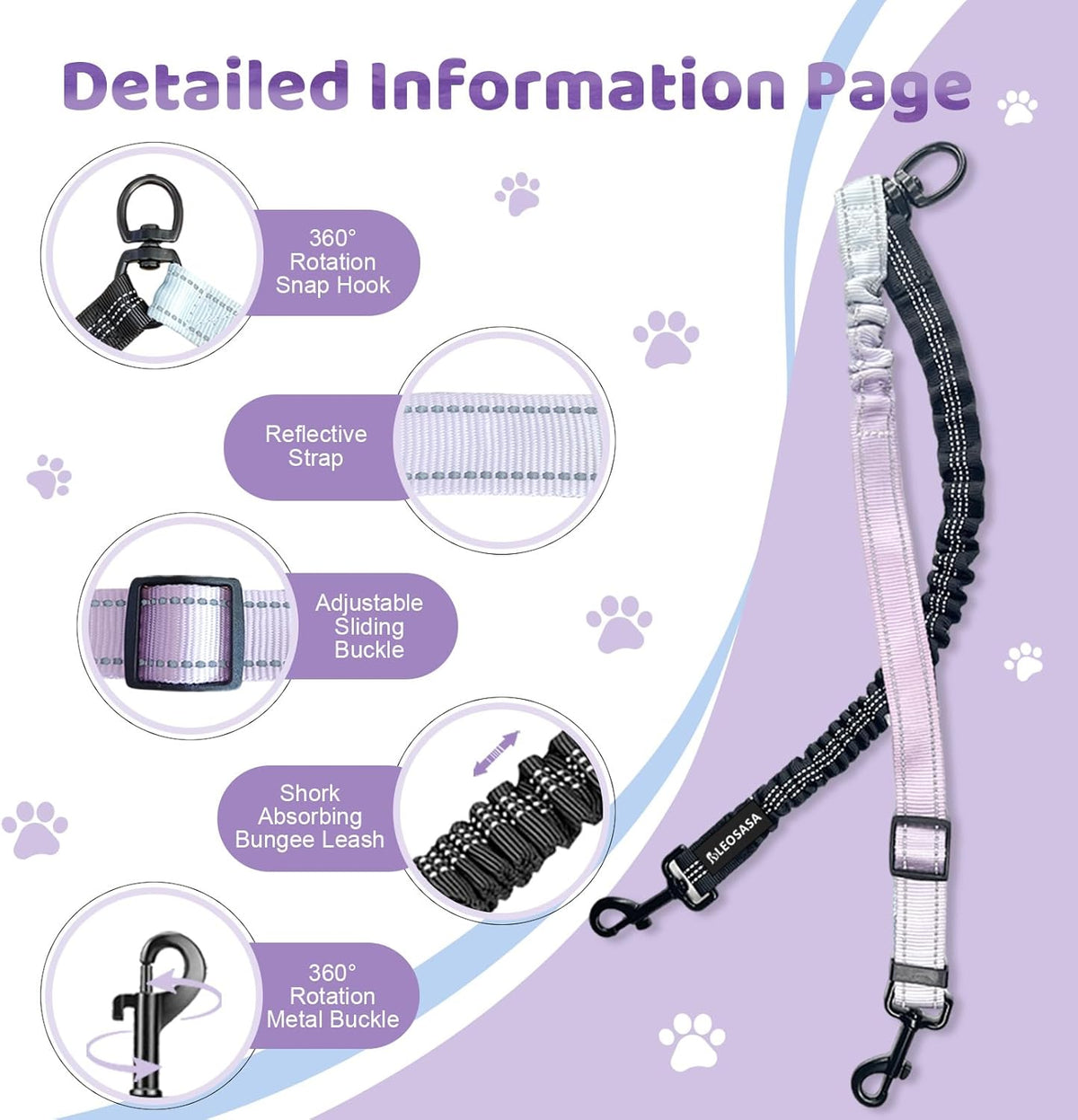 Shock absorbing bungee dog leash splitter for small medium and large dogs