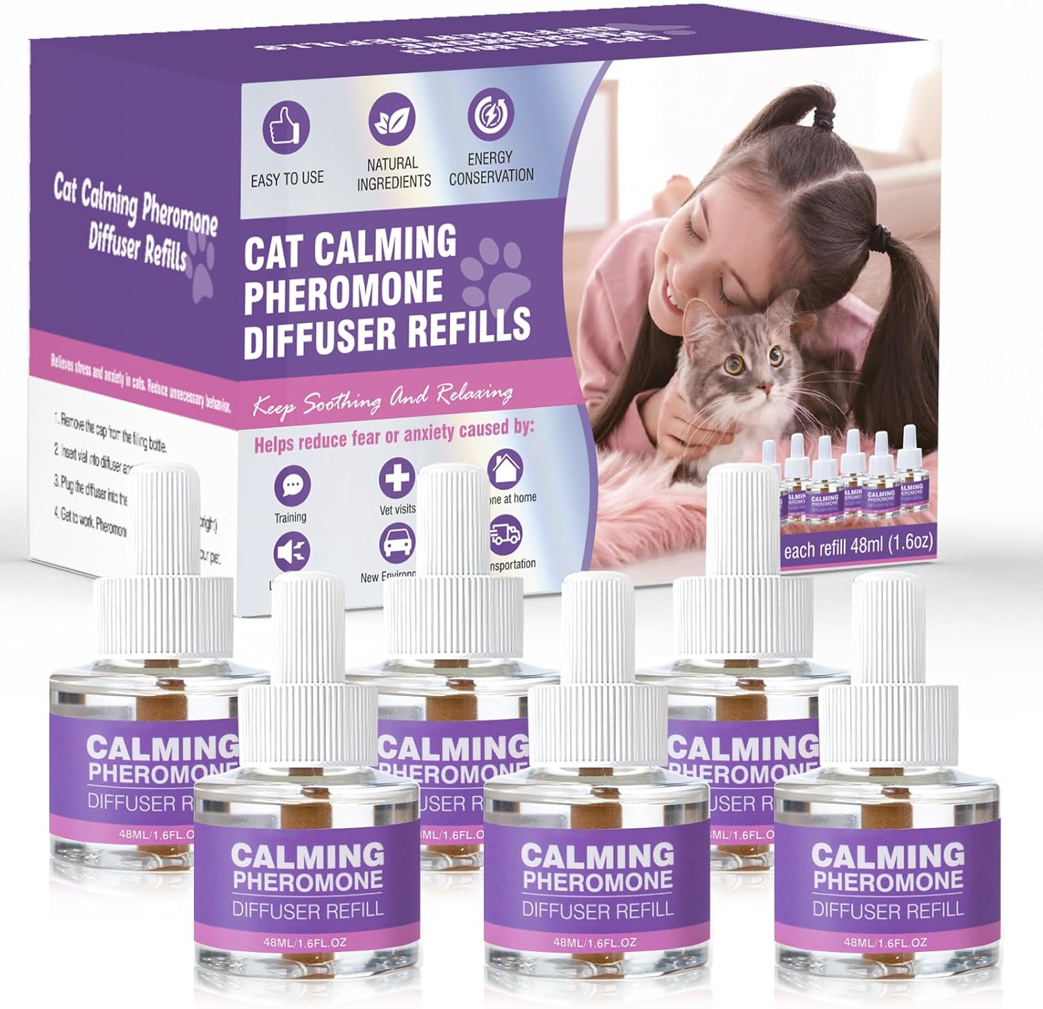 TTLXRL Cat Pheromones Calming Diffuser Refill six pack front view showcasing the packaging for multi-cat anxiety relief.