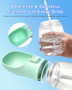 Green COTOP pet water bottle with food container detachment
