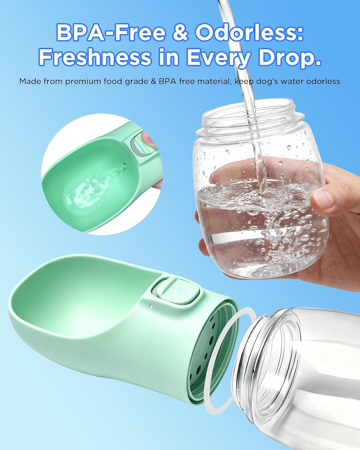 Green COTOP pet water bottle with food container detachment