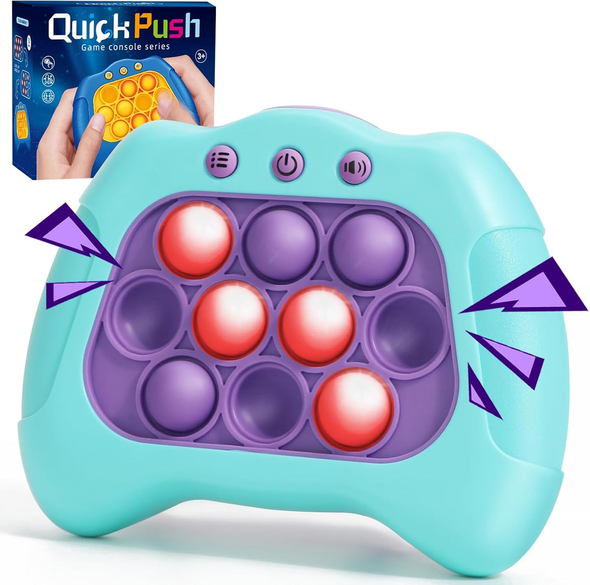 AOTIBO fast push machine light up fidget toy front view showing blue purple housing and lit bubbles.