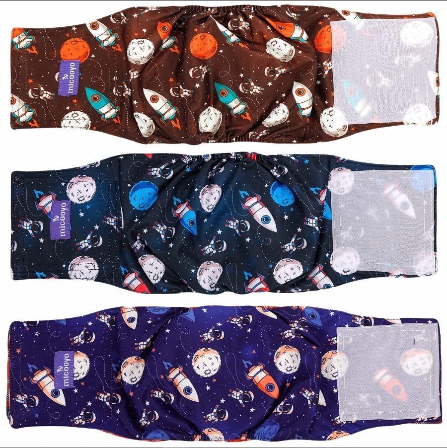 MICOOYO Reusable Male Dog Belly Bands 3 Pack front view featuring space theme pattern.