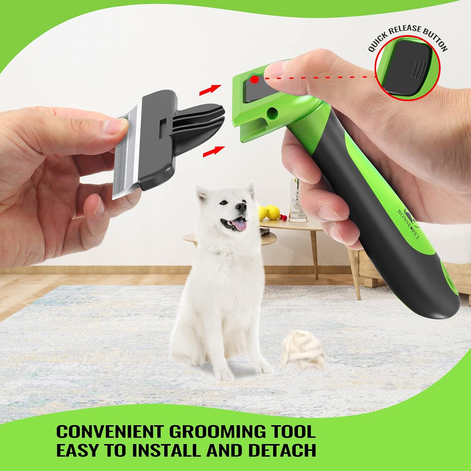 Close up of pet hair removal button on grooming tool