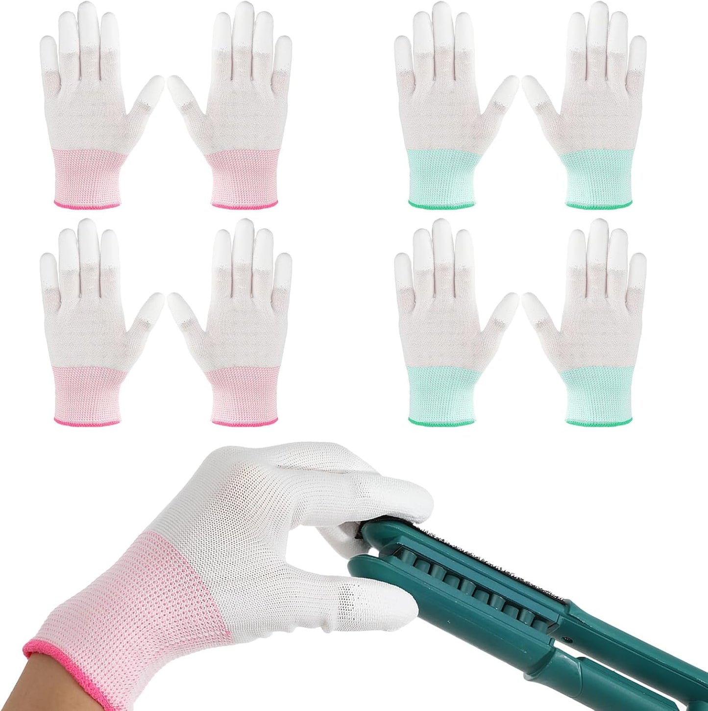 Tucnoeu heat resistant hair styling gloves front view showing green and pink wristbands.