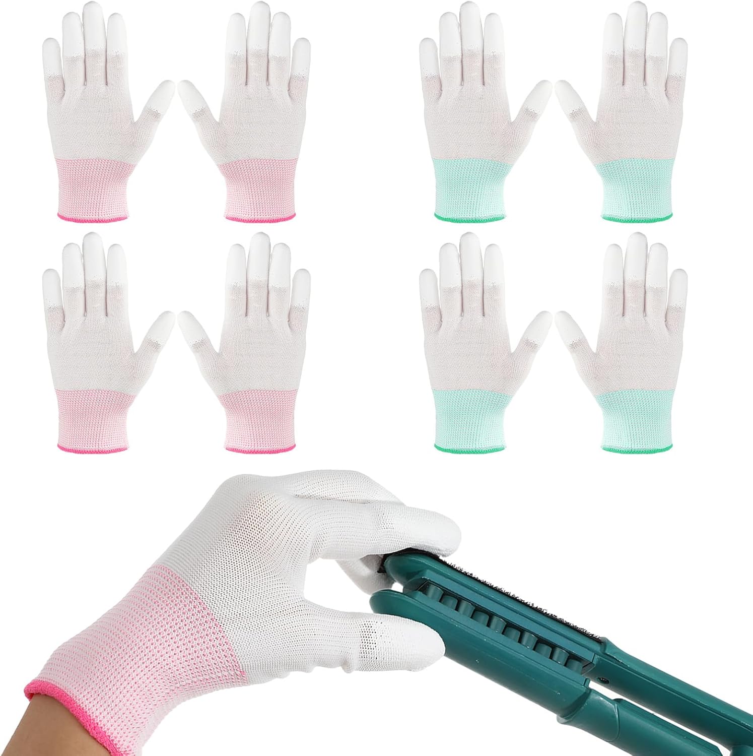 Tucnoeu heat resistant hair styling gloves front view showing green and pink wristbands.