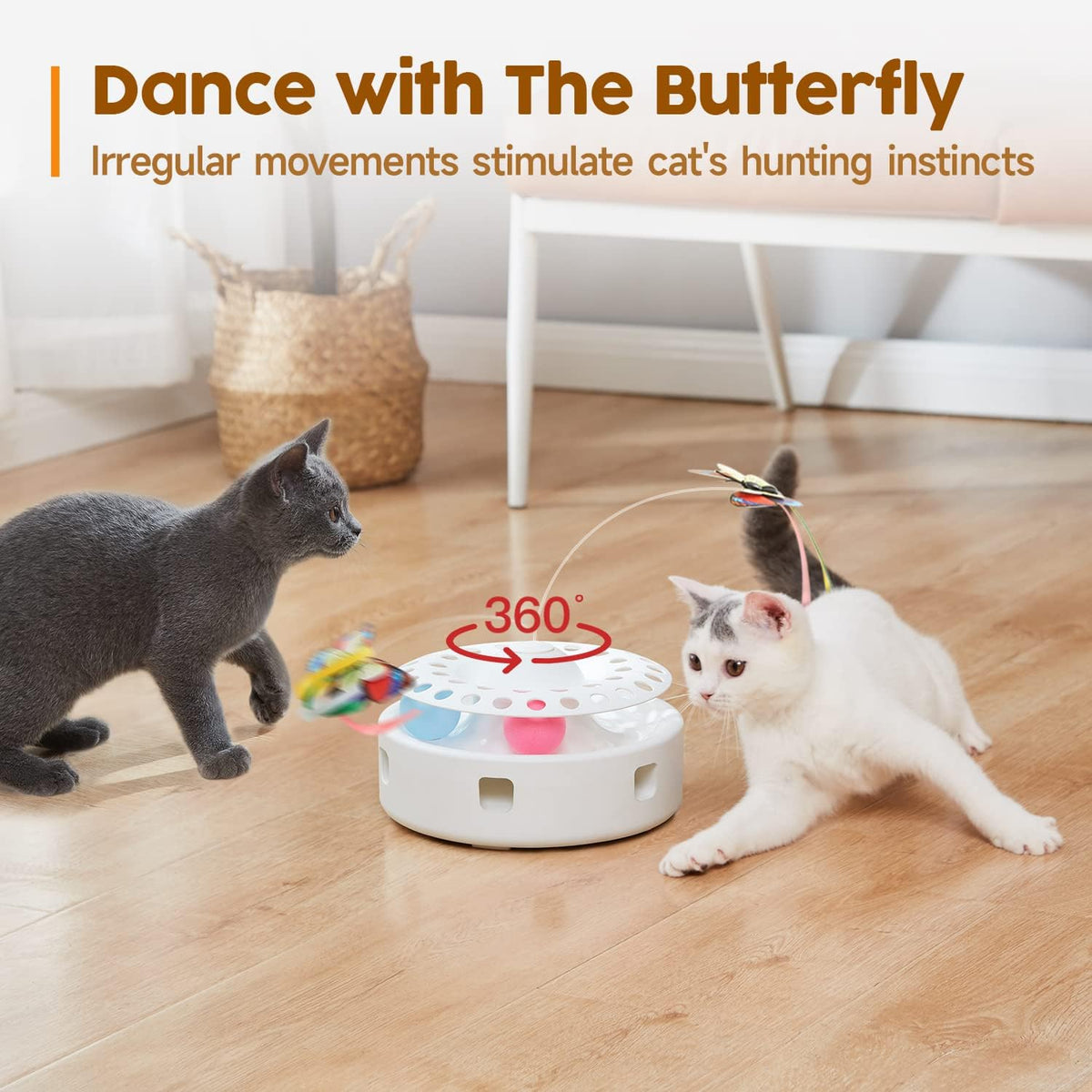 Potaroma white interactive cat toy showcasing the base track balls filled with catnip.