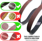 Sixty piece assortment of premium one half inch by eighteen inch abrasive belts stacked by grit size.
