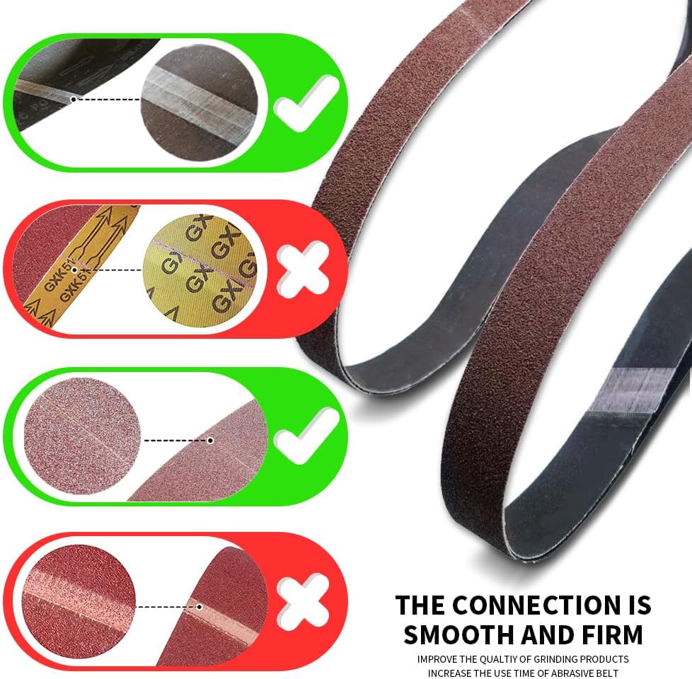 Sixty piece assortment of premium one half inch by eighteen inch abrasive belts stacked by grit size.