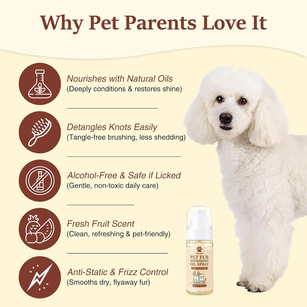 Oivolii plant-based alcohol-free pet fur oil bottle showing the fresh fruity scent label.